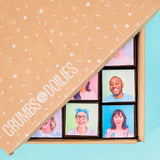 Edible Image Brownies by Crumbs & Doilies featuring custom photo toppers on chocolate brownie slices in branded packaging